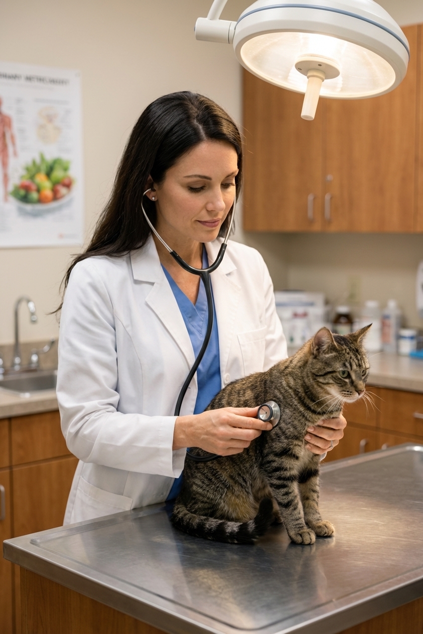 A veterinarian gently listening to a cat's chest with a stethoscope on an exam table in a veterinary clinic, calm lighting, realistic clinical photography