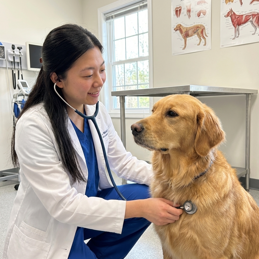 A veterinarian gently listening to a dog's chest with a stethoscope in a bright exam room, real-life veterinary photography style