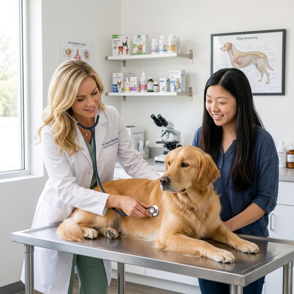 A veterinarian gently listening to a dog’s heart with a stethoscope while the owner stands close by in a clinic exam room