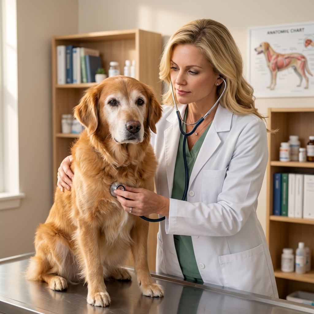A veterinarian gently listening to an older dog’s chest in a quiet exam room