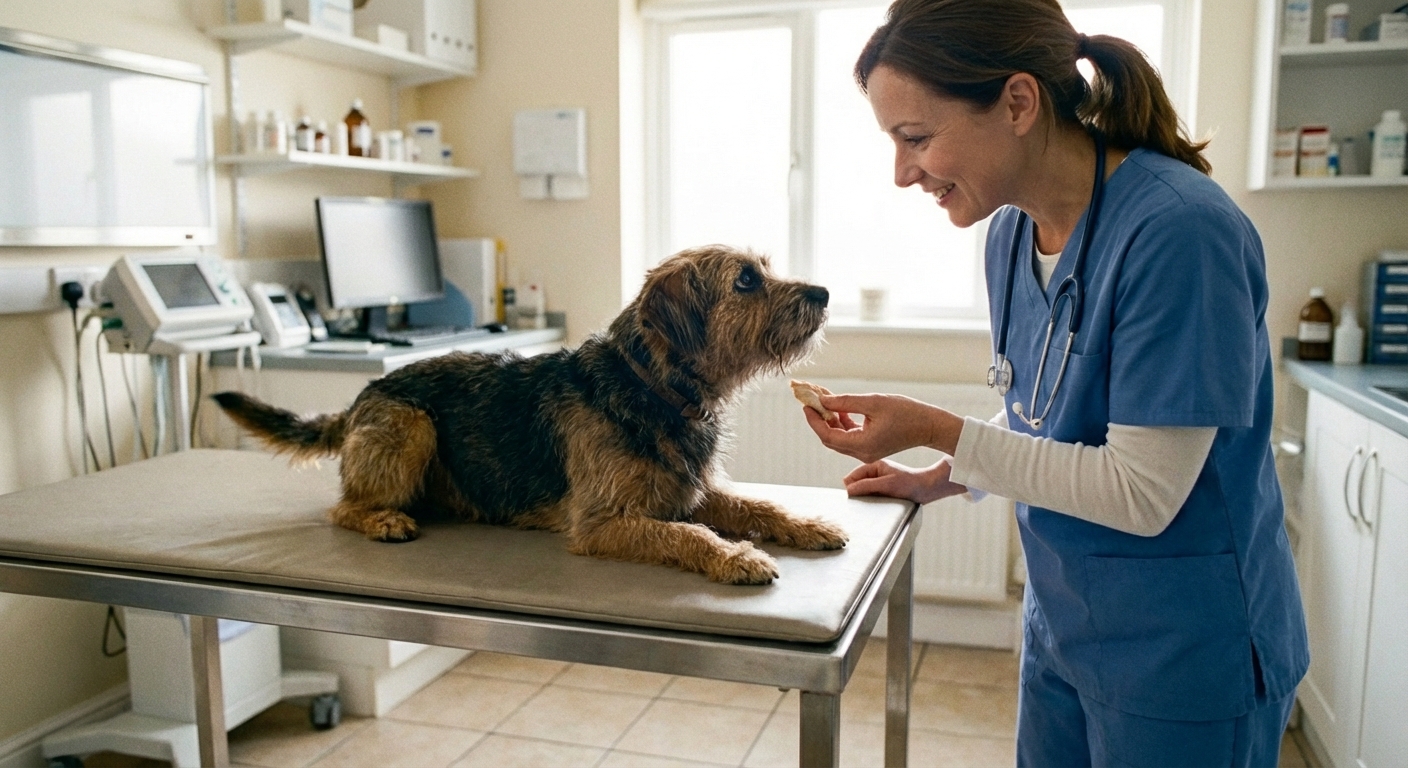 A veterinarian gently offering a dog a treat in a bright exam room