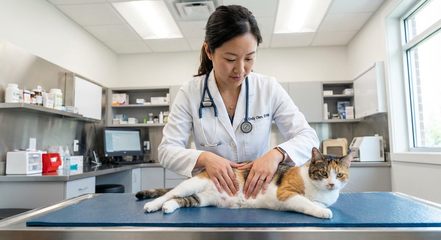 A veterinarian gently palpating a cat's abdomen in a well-lit exam room
