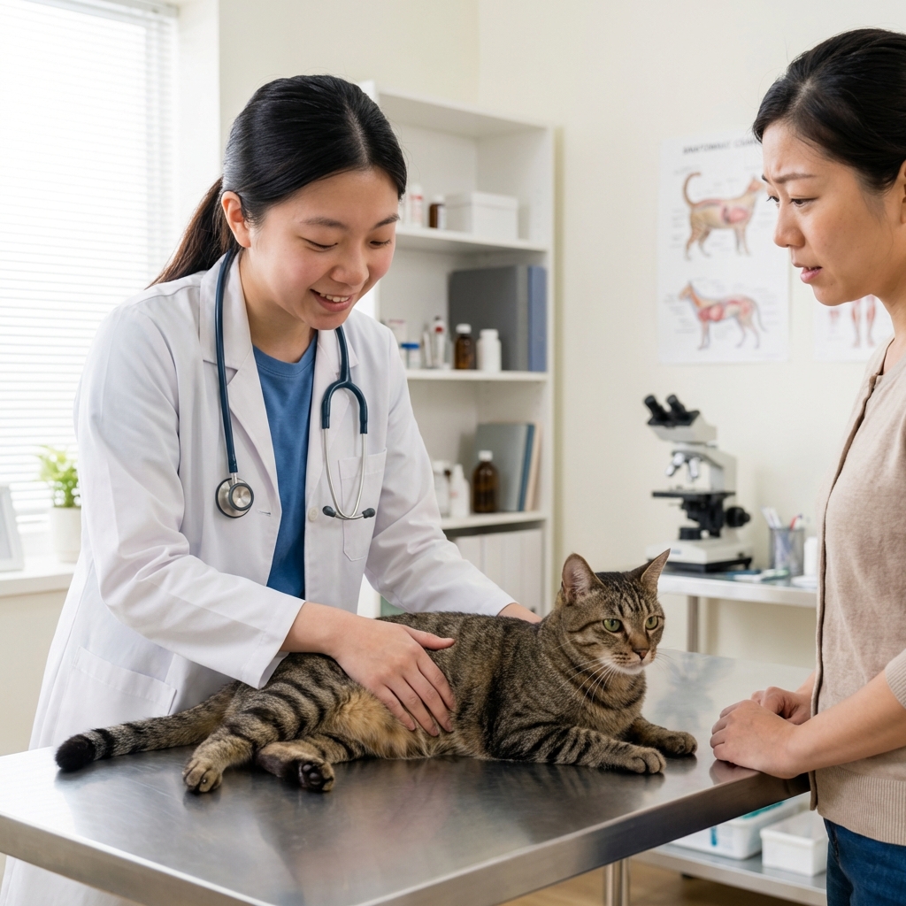 A veterinarian gently palpating a cat's abdomen on an exam table while a pet parent watches