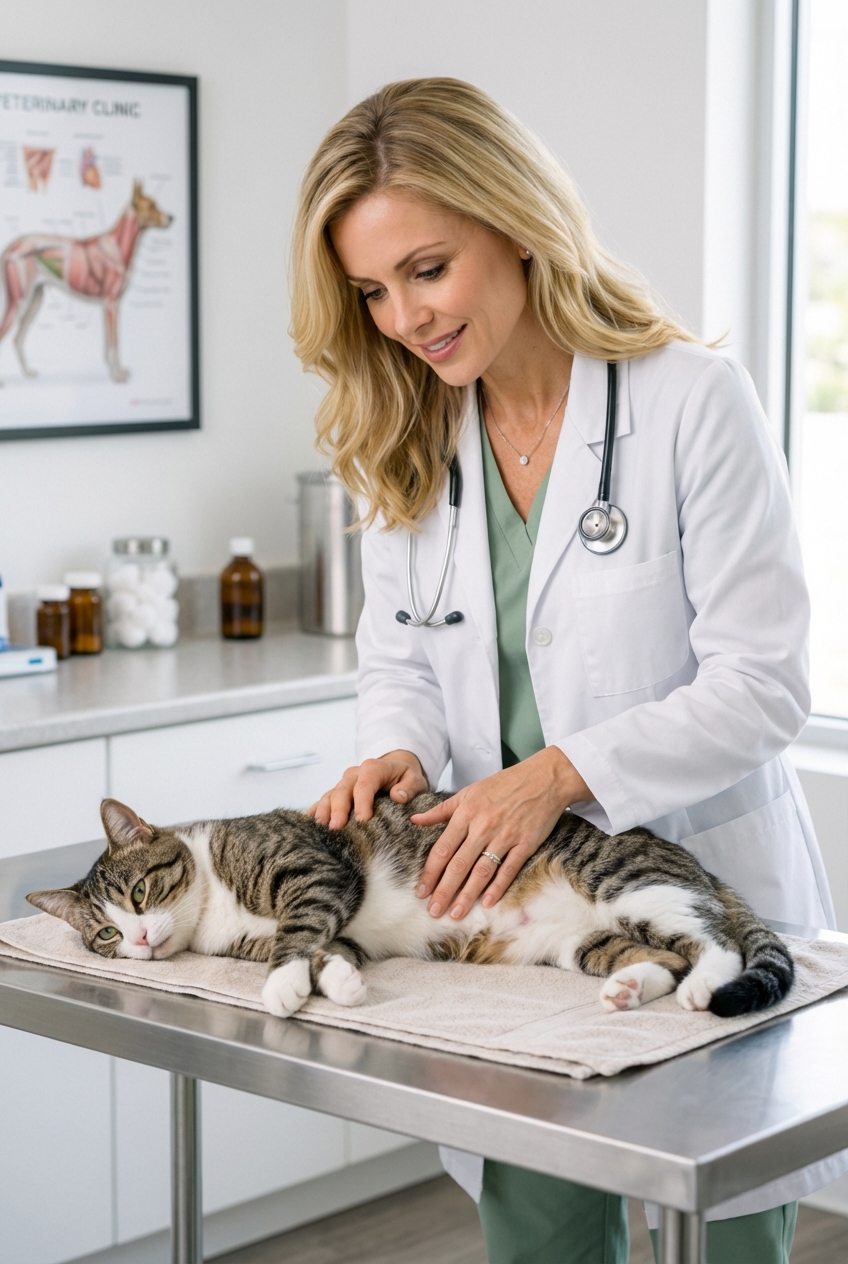 A veterinarian gently palpating a cat's abdomen on an exam table in a clinic room