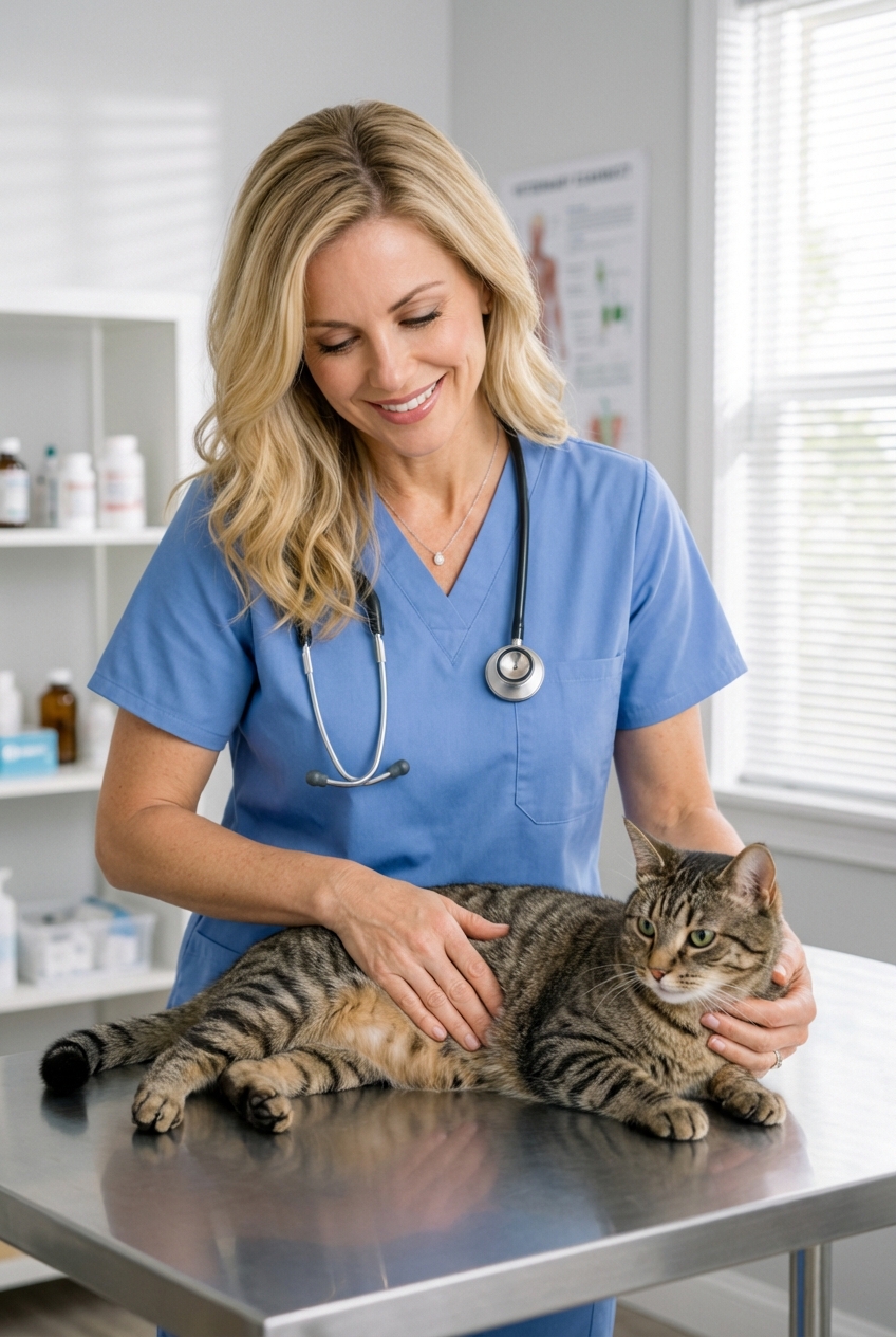 A veterinarian gently palpating a cat's abdomen on an exam table in a bright clinic room