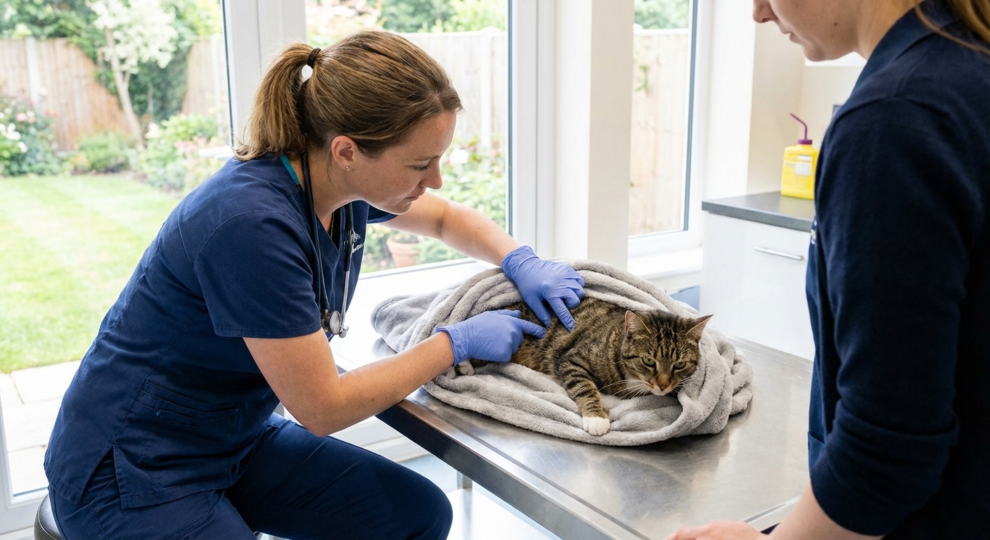 A veterinarian gently palpating a cat's abdomen on an exam table in a bright clinic room, the cat wrapped in a towel, realistic veterinary photography