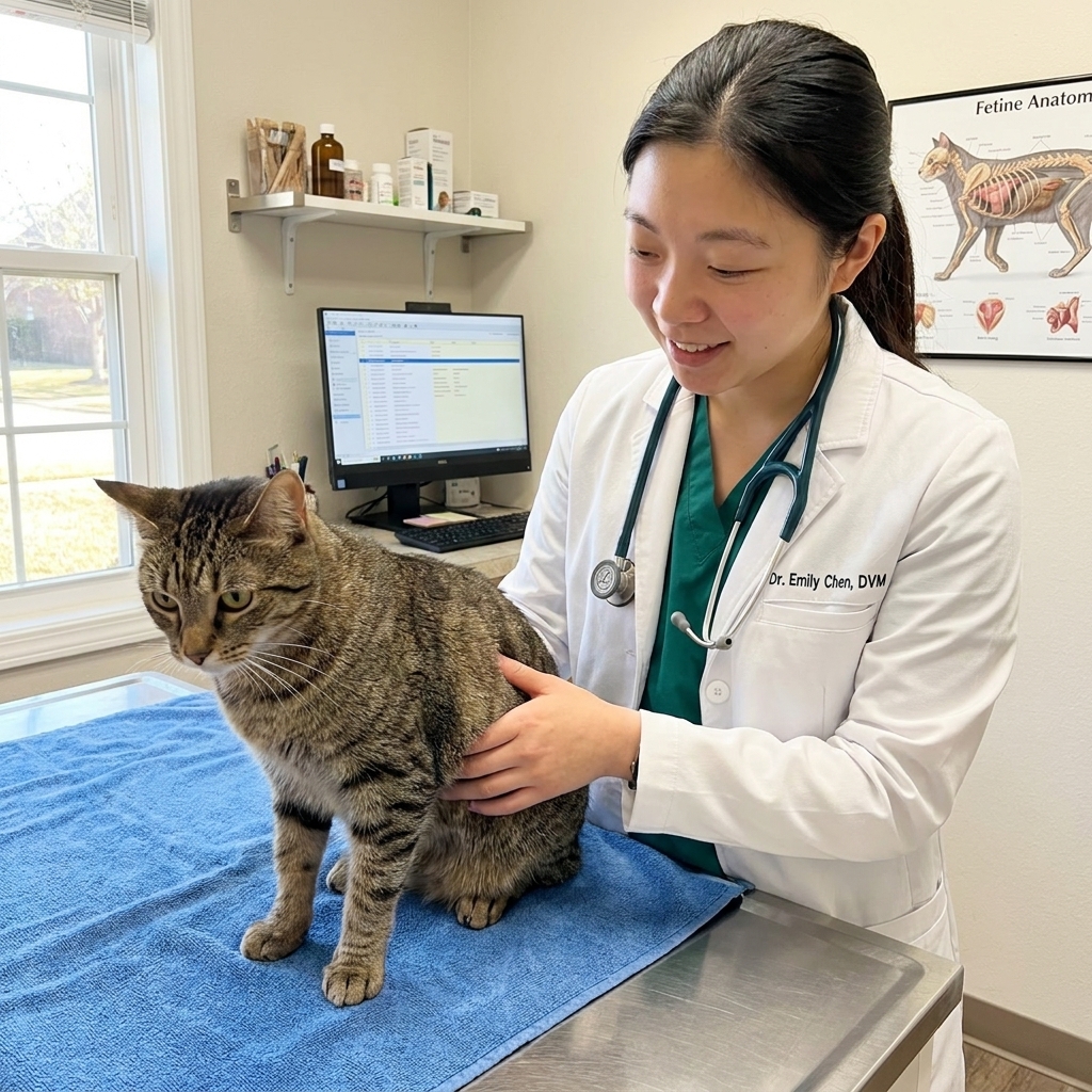 A veterinarian gently palpating a cat's ribs during a wellness exam in a bright clinic room, real photography style