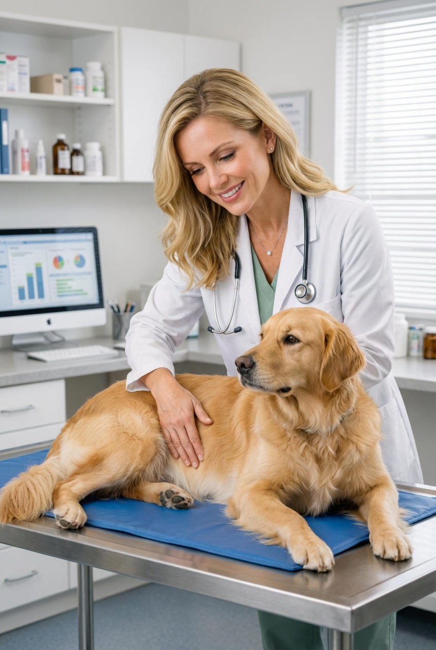 A veterinarian gently palpating a dog’s abdomen in an exam room