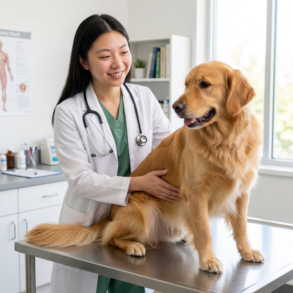 A veterinarian gently palpating a dog's abdomen in a bright exam room