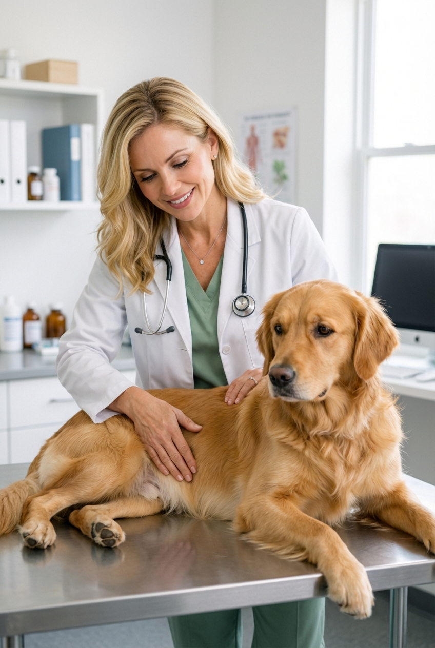 A veterinarian gently palpating a dog's abdomen on an exam table in a bright clinic room