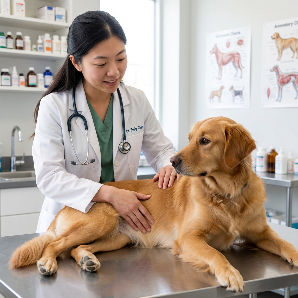 A veterinarian gently palpating a dog's abdomen on an exam table in a clinic room