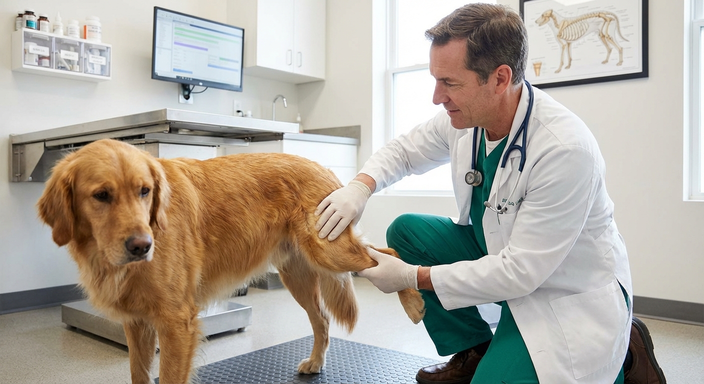 A veterinarian gently palpating a dog's hind leg and knee during an exam in a clinic room