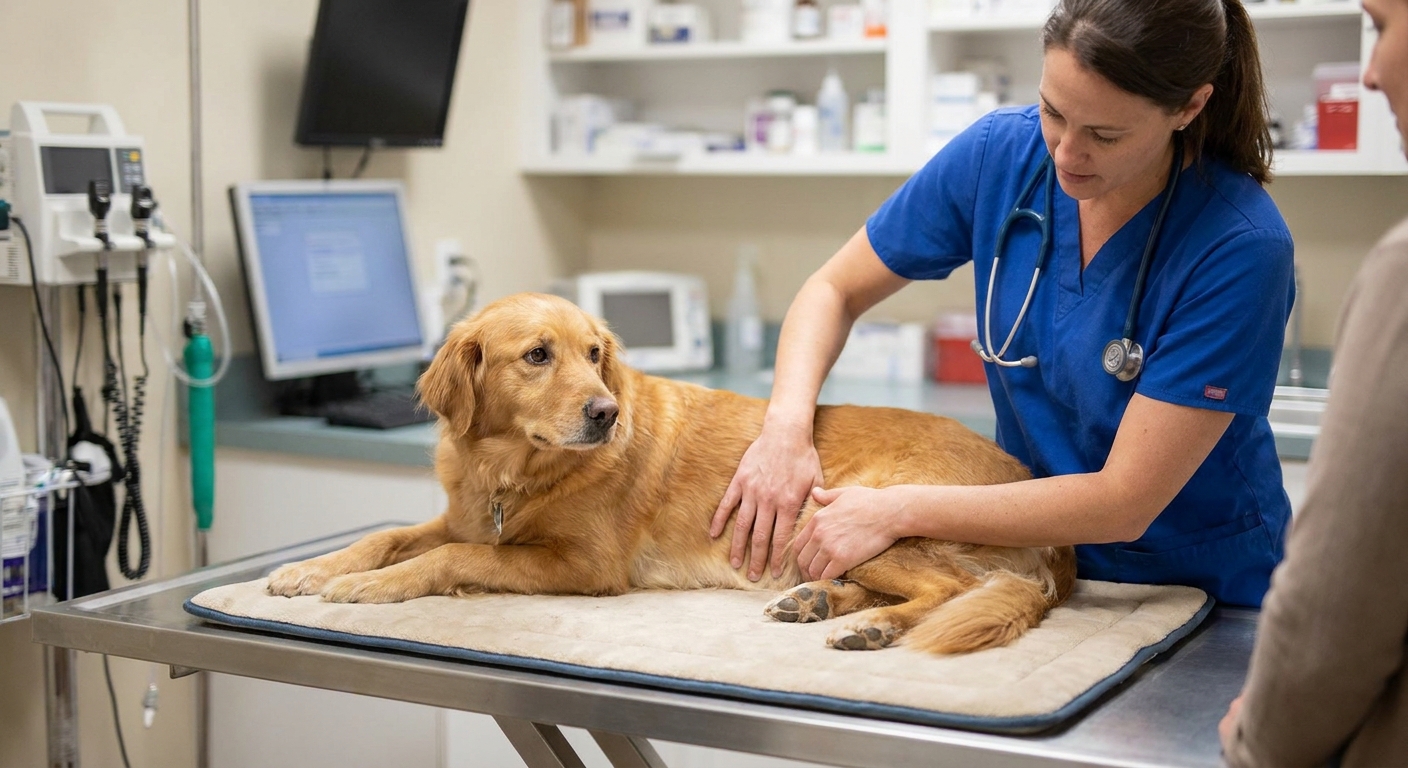 A veterinarian gently palpating a female dog's abdomen and mammary chain during a wellness exam in a clinic