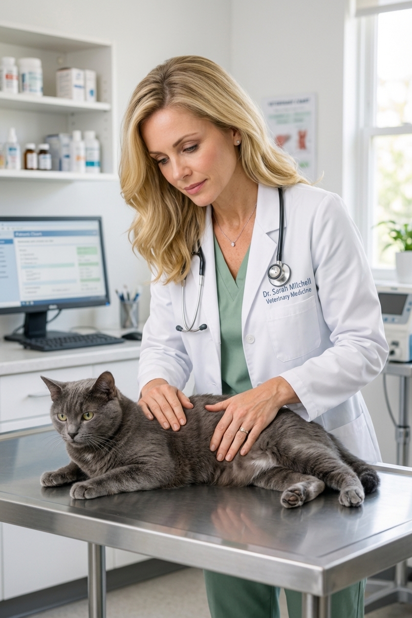 A veterinarian gently palpating a gray cat's abdomen on an exam table in a bright veterinary clinic, realistic photography