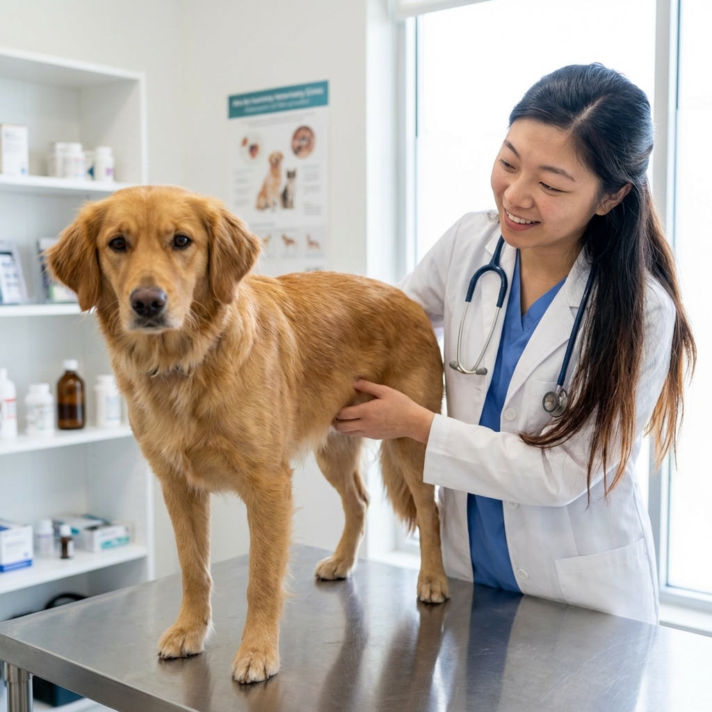 A veterinarian gently palpating a medium-sized dog’s abdomen in a bright exam room