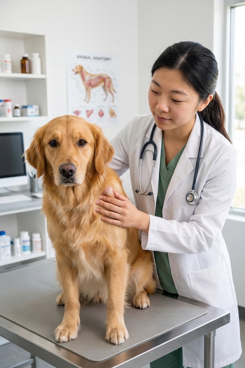 A veterinarian gently palpating a small lump on a Golden Retriever’s shoulder in a bright exam room, real clinical photograph