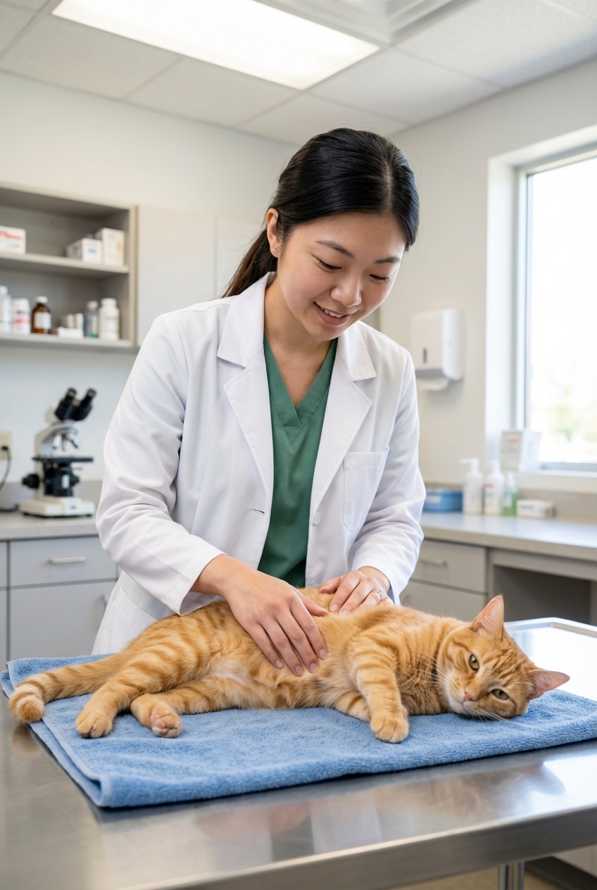 A veterinarian gently palpating an orange cat's abdomen on an exam table in a brightly lit clinic room