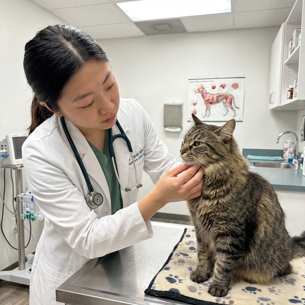 A veterinarian gently palpating under a cat's jaw to assess the submandibular lymph nodes on an exam table, realistic clinic photography