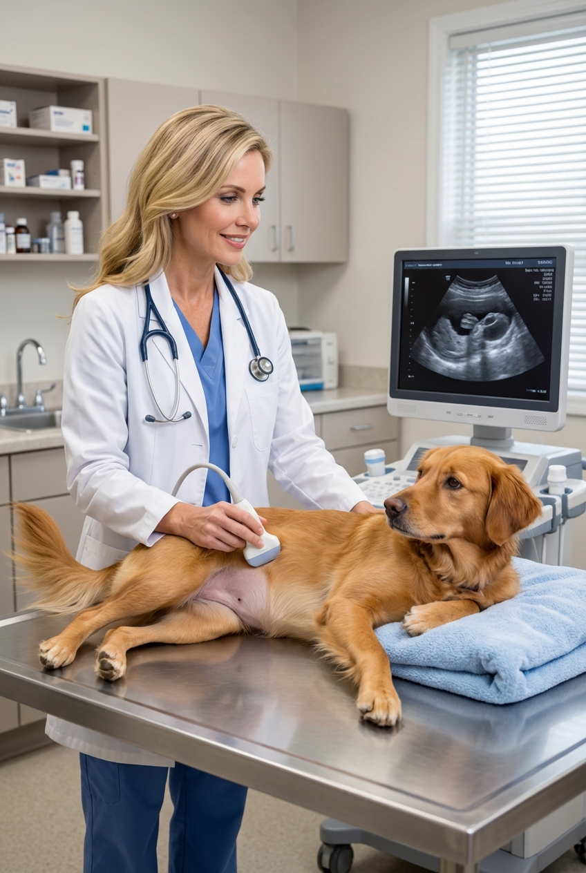 A veterinarian gently performing an ultrasound exam on a female dog lying calmly on an exam table