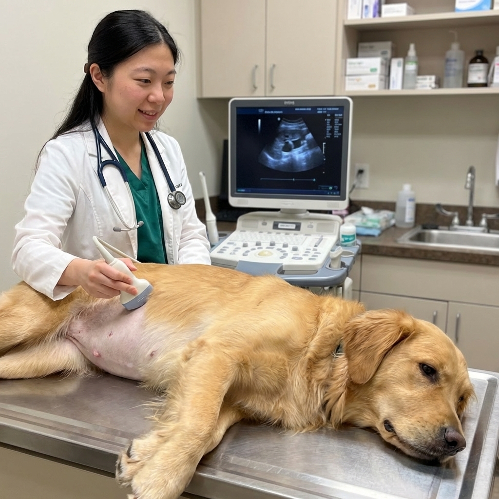 A veterinarian gently performing an ultrasound on a dog lying calmly on an exam table