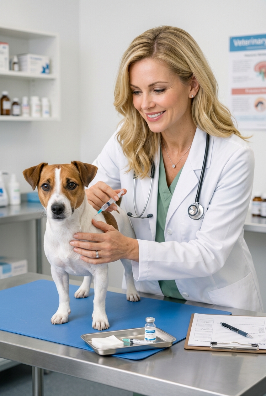 A veterinarian gently vaccinating a small dog in a clean exam room