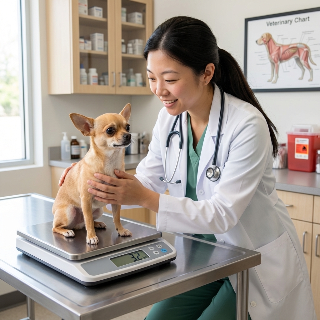 A veterinarian gently weighing a Chihuahua on a small pet scale in a clinic exam room