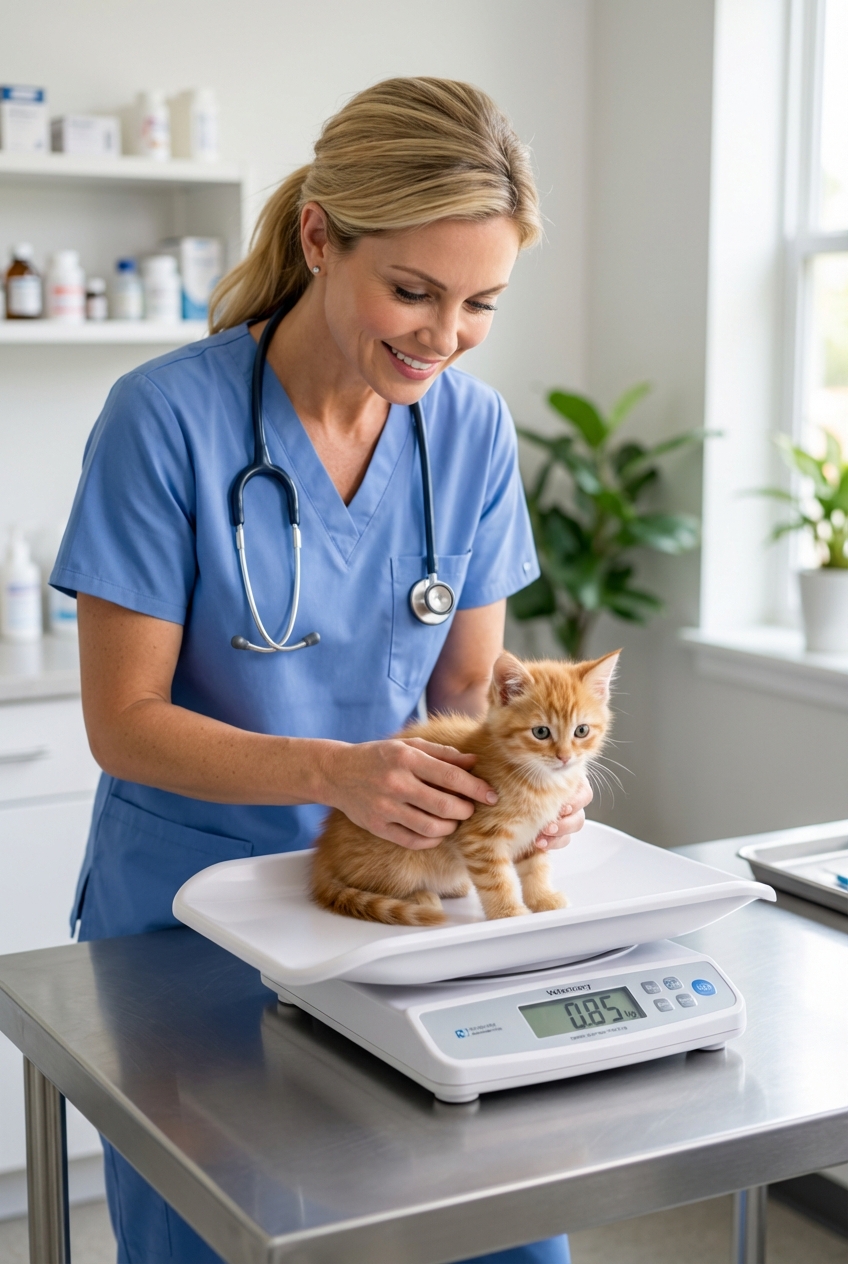 A veterinarian gently weighing a small kitten on a clinic scale