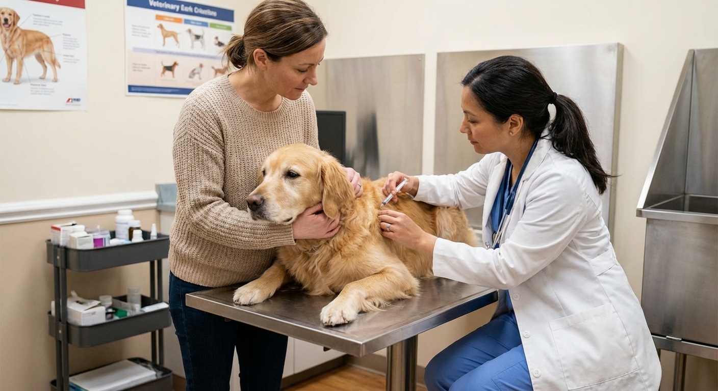 A veterinarian giving a gentle injection to a dog in a clinic exam room while the dog is calmly held