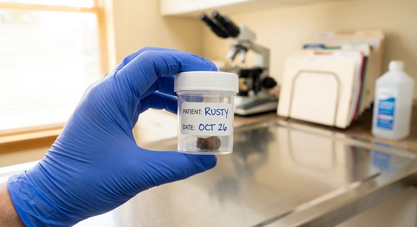 A veterinarian gloved hand holding a small stool sample container in a clinic exam room