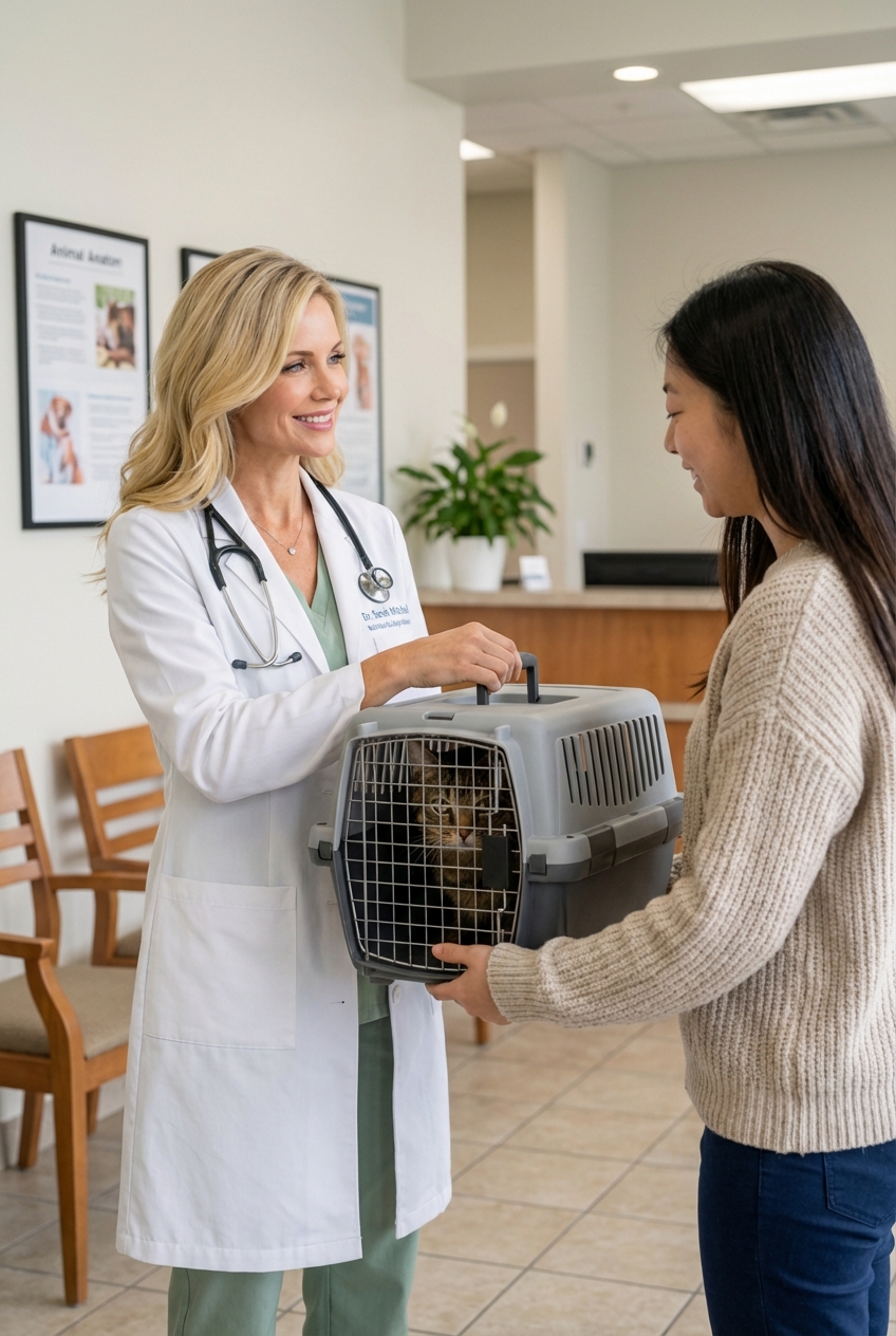 A veterinarian handing a cat carrier to a pet owner in a clinic lobby