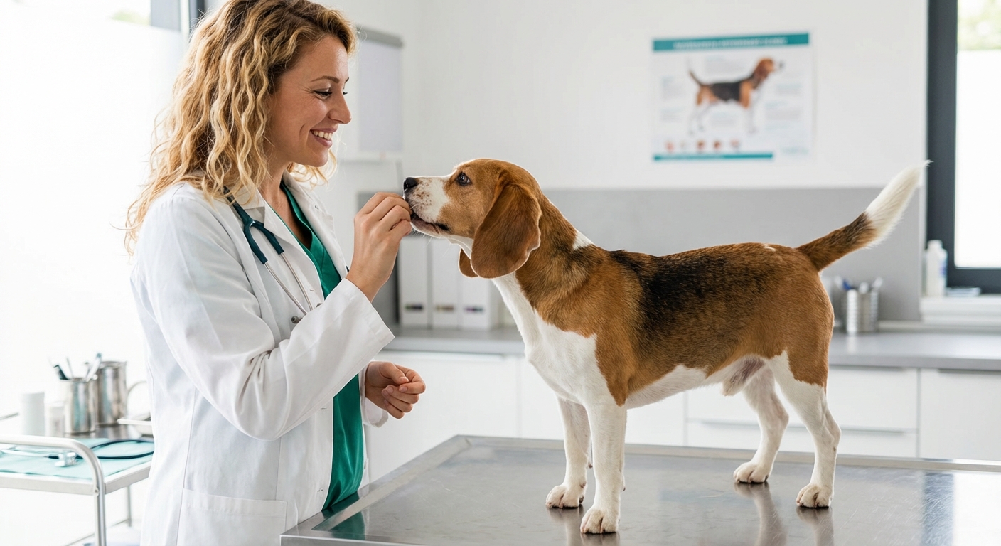 A veterinarian handing a small dog a treat while the dog stands on an exam table