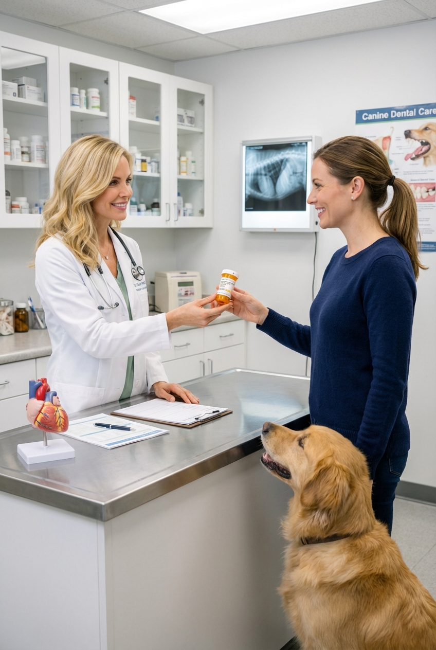 A veterinarian handing a small prescription bottle to a dog owner in a clinic exam room