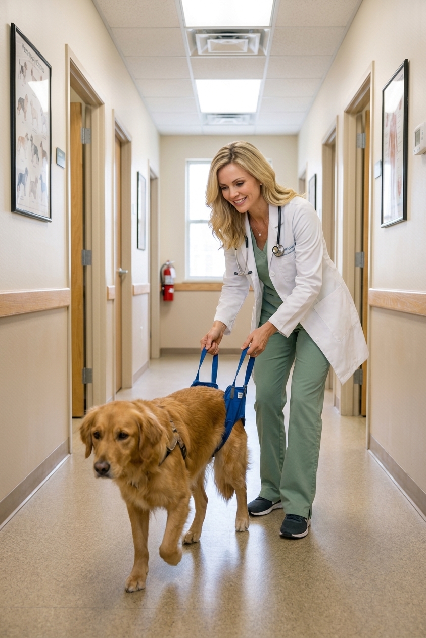 A veterinarian helping a medium-sized dog walk using a rear support sling in a clinic hallway, realistic photography