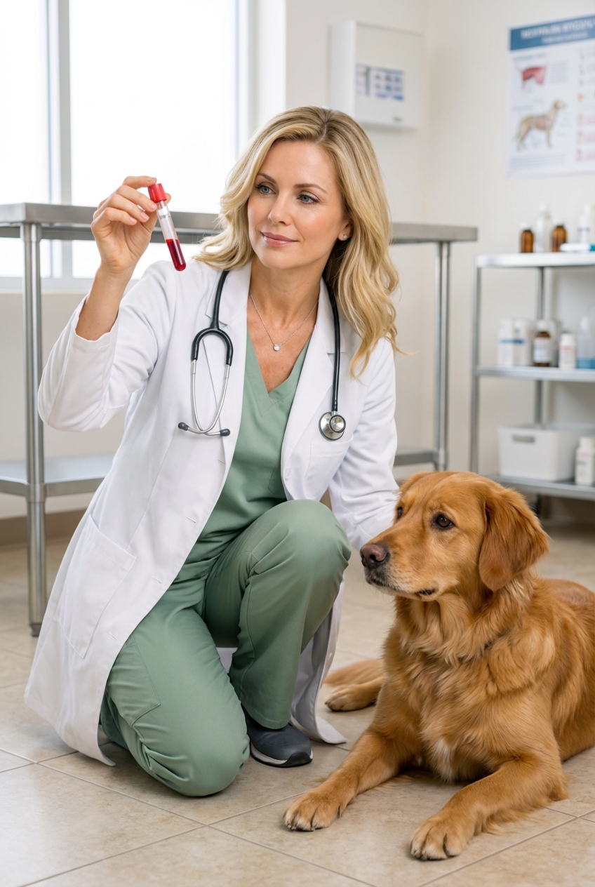 A veterinarian holding a blood sample tube next to a dog resting calmly on a clinic floor