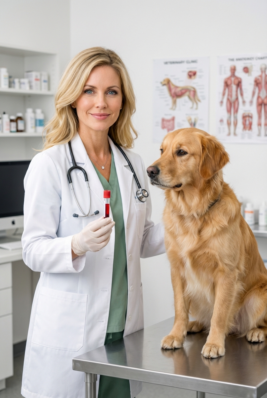 A veterinarian holding a blood sample tube next to a dog resting calmly on an exam table