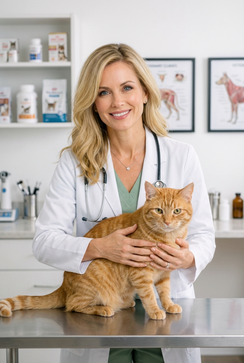 A veterinarian holding a calm male cat on an exam table during a wellness visit