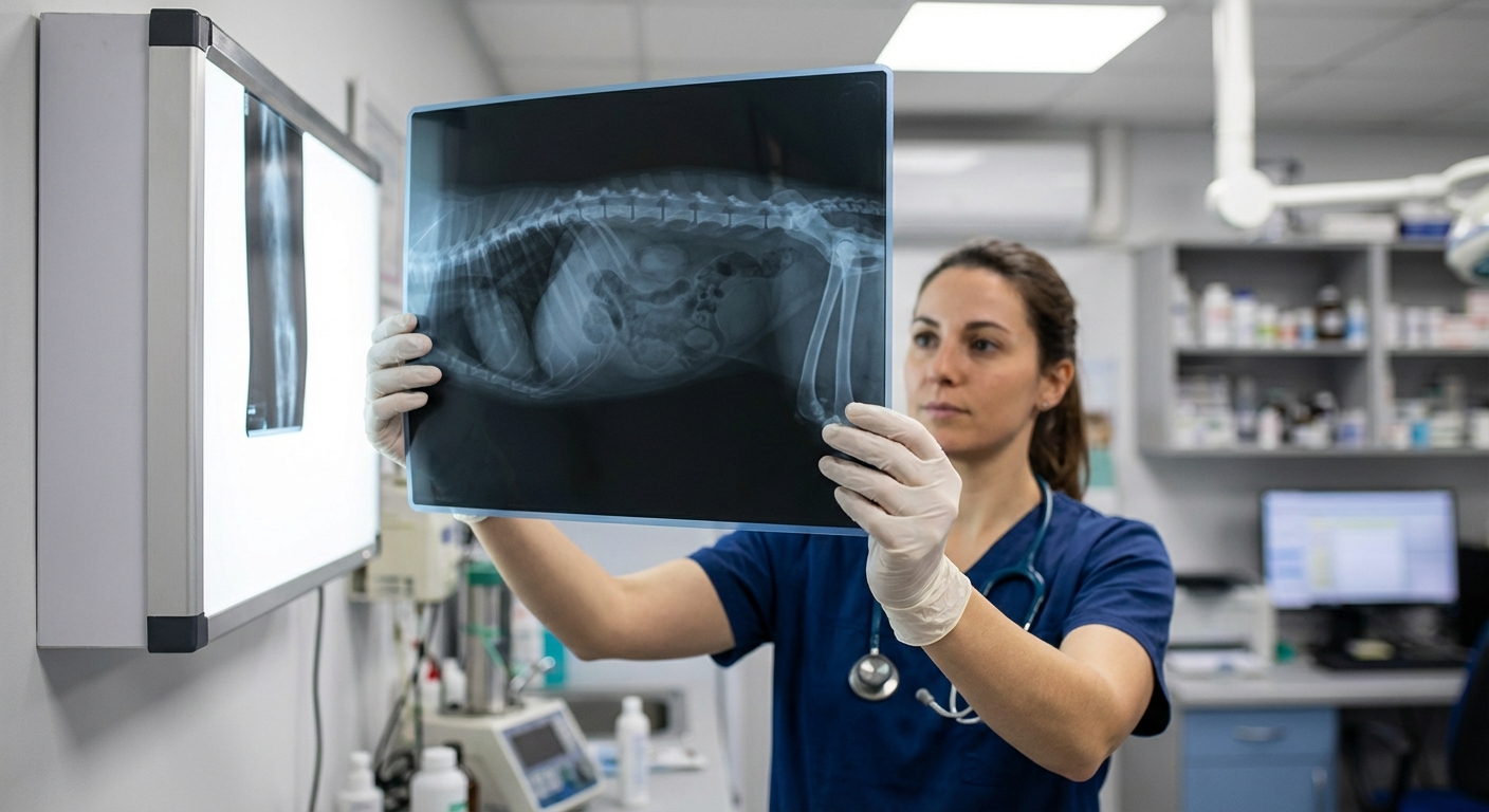 A veterinarian holding a cat abdominal X-ray film up to a lightbox in a clinic, with the vet's hands visible and the X-ray in sharp focus, realistic medical photography