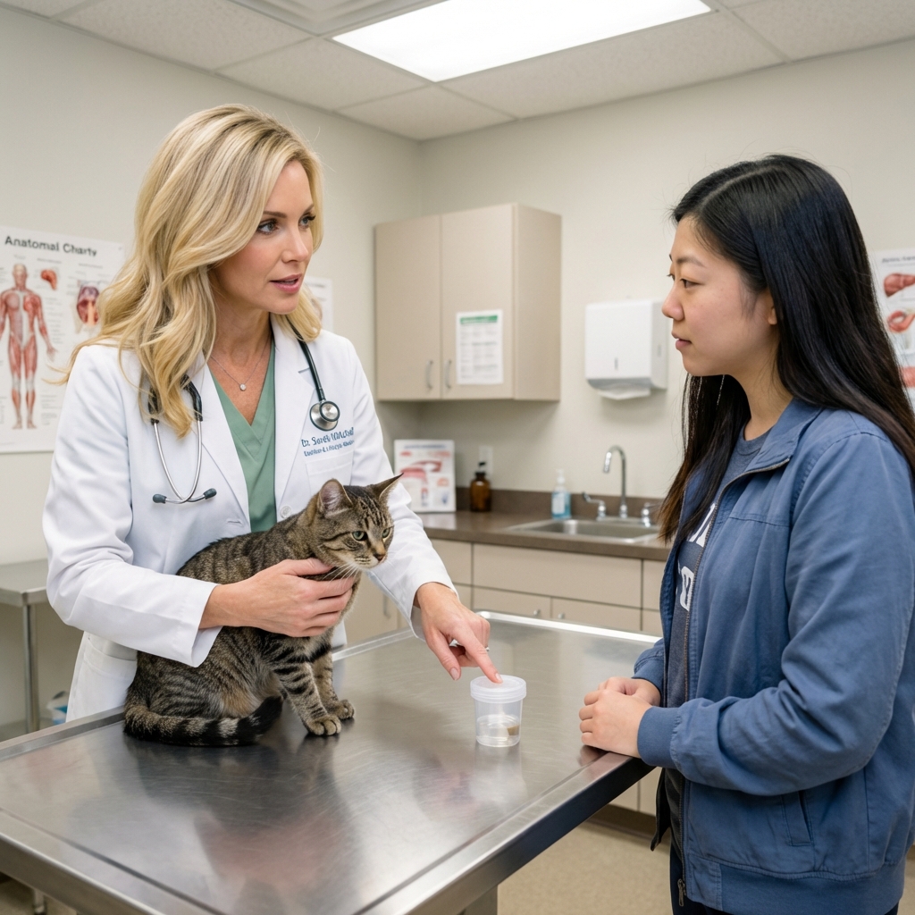 A veterinarian holding a cat gently on an exam table while discussing a stool sample container with the owner
