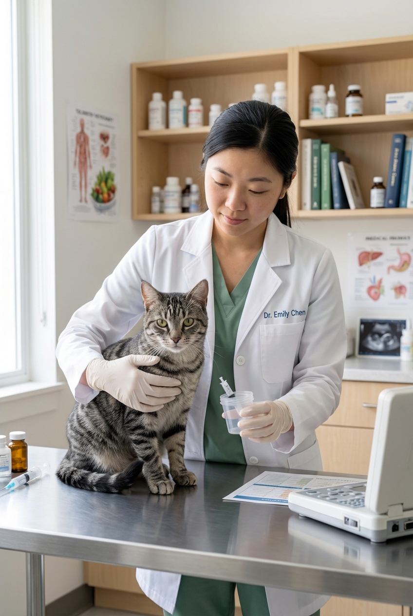 A veterinarian holding a cat gently on an exam table while preparing to collect a urine sample