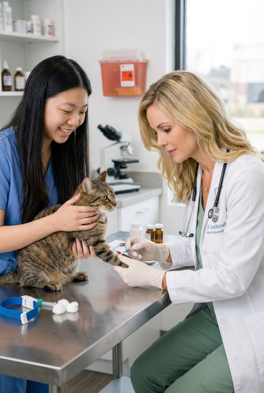 A veterinarian holding a cat gently while a technician collects a small blood sample from the cat's front leg