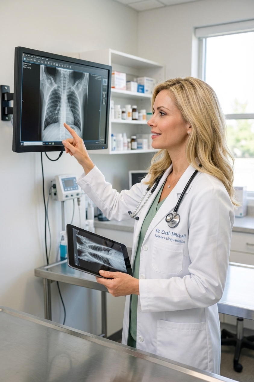 A veterinarian holding a digital tablet while reviewing a dog’s chest x-ray on a monitor in a veterinary clinic, real photo style