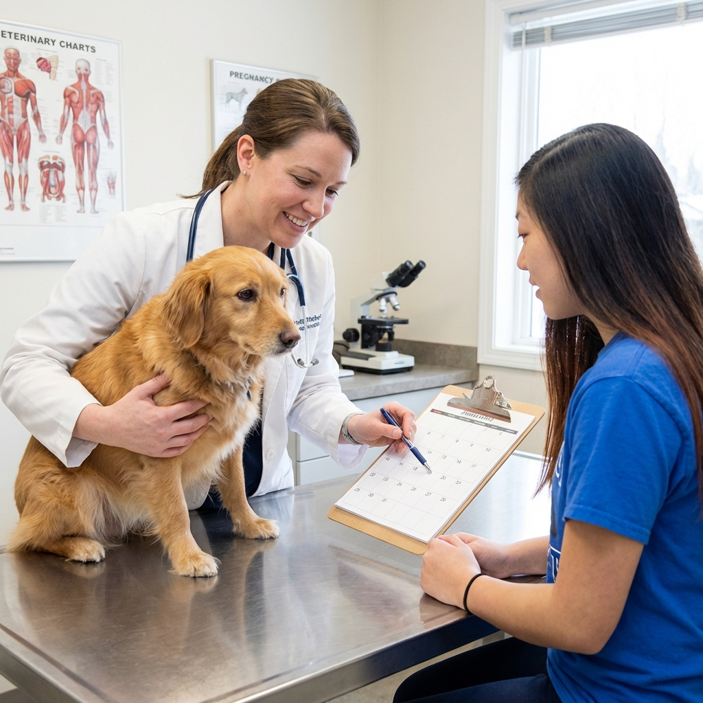 A veterinarian holding a dog gently on an exam table while discussing pregnancy timing with a pet owner
