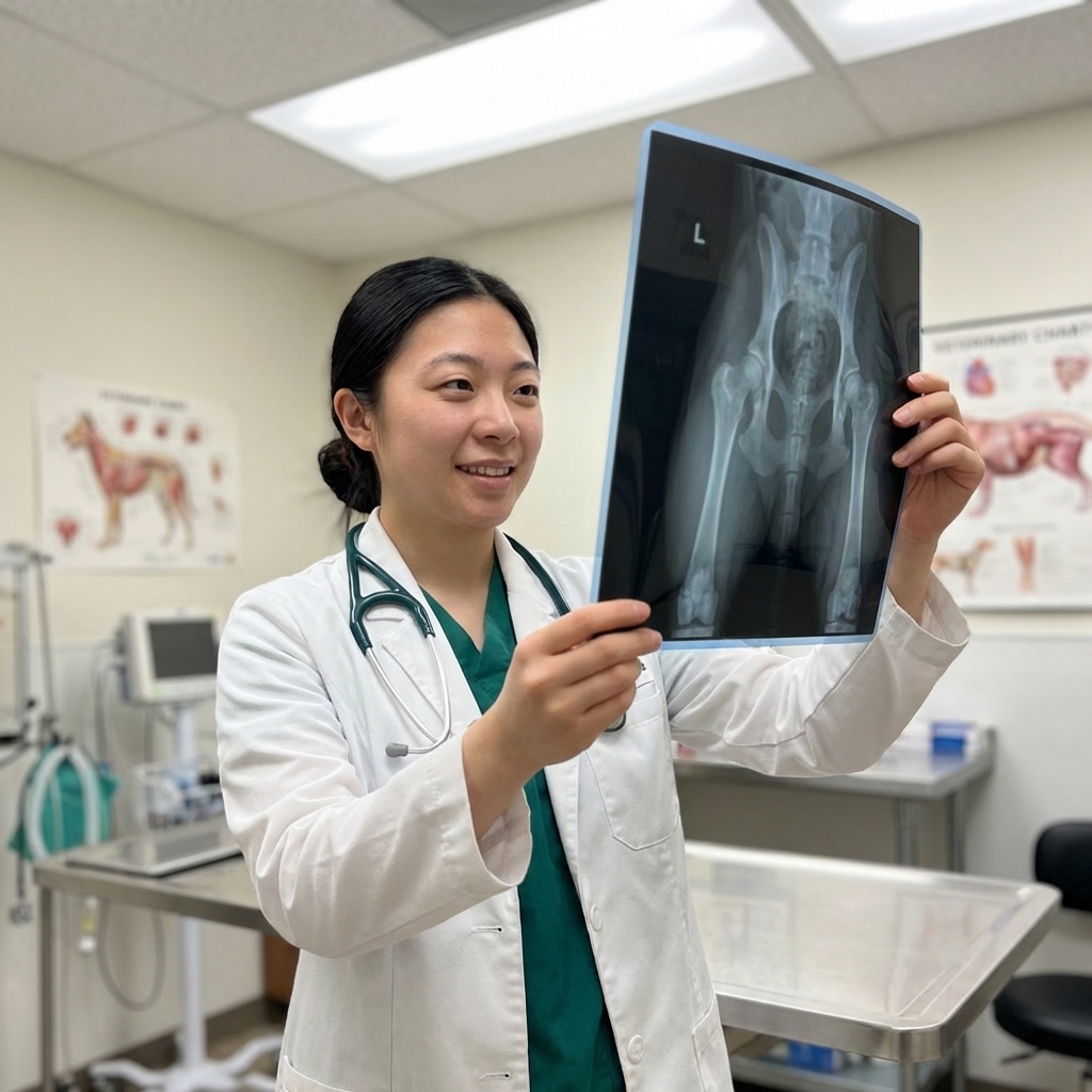 A veterinarian holding a dog hip X-ray film in a well-lit exam room with a blurred clinic background, photorealistic