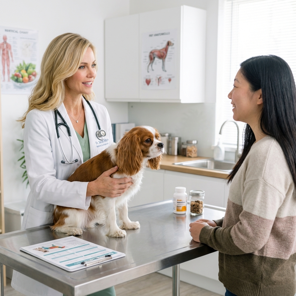 A veterinarian holding a dog while speaking with a pet owner in a clinic exam room