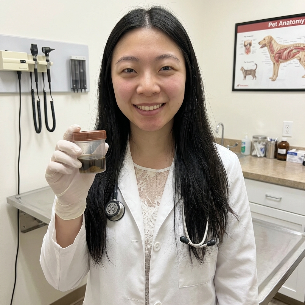 A veterinarian holding a fresh stool sample container in a clinic exam room