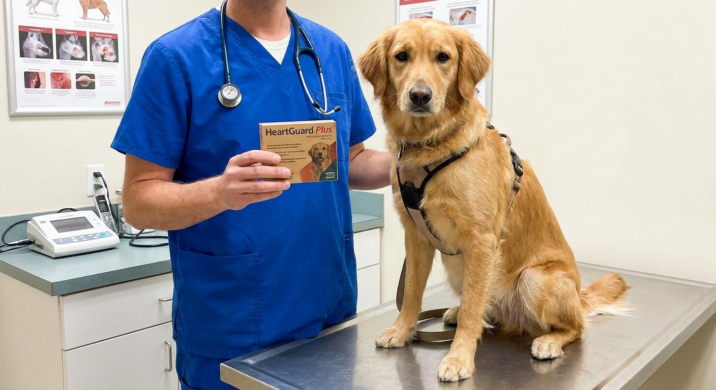 A veterinarian holding a heartworm preventive box next to a calm dog on an exam table in a veterinary clinic