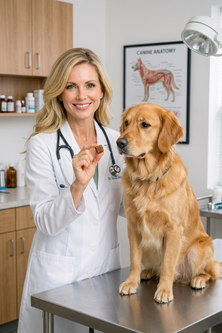 A veterinarian holding a monthly flea and tick chew next to a calm dog in an exam room