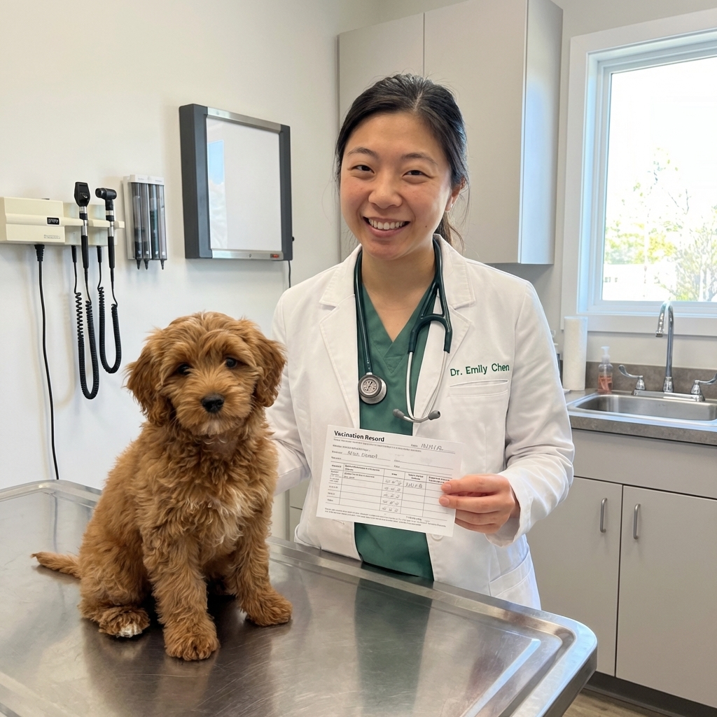 A veterinarian holding a paper vaccination record while a small puppy sits on an exam table in a bright veterinary clinic room, documentary photo