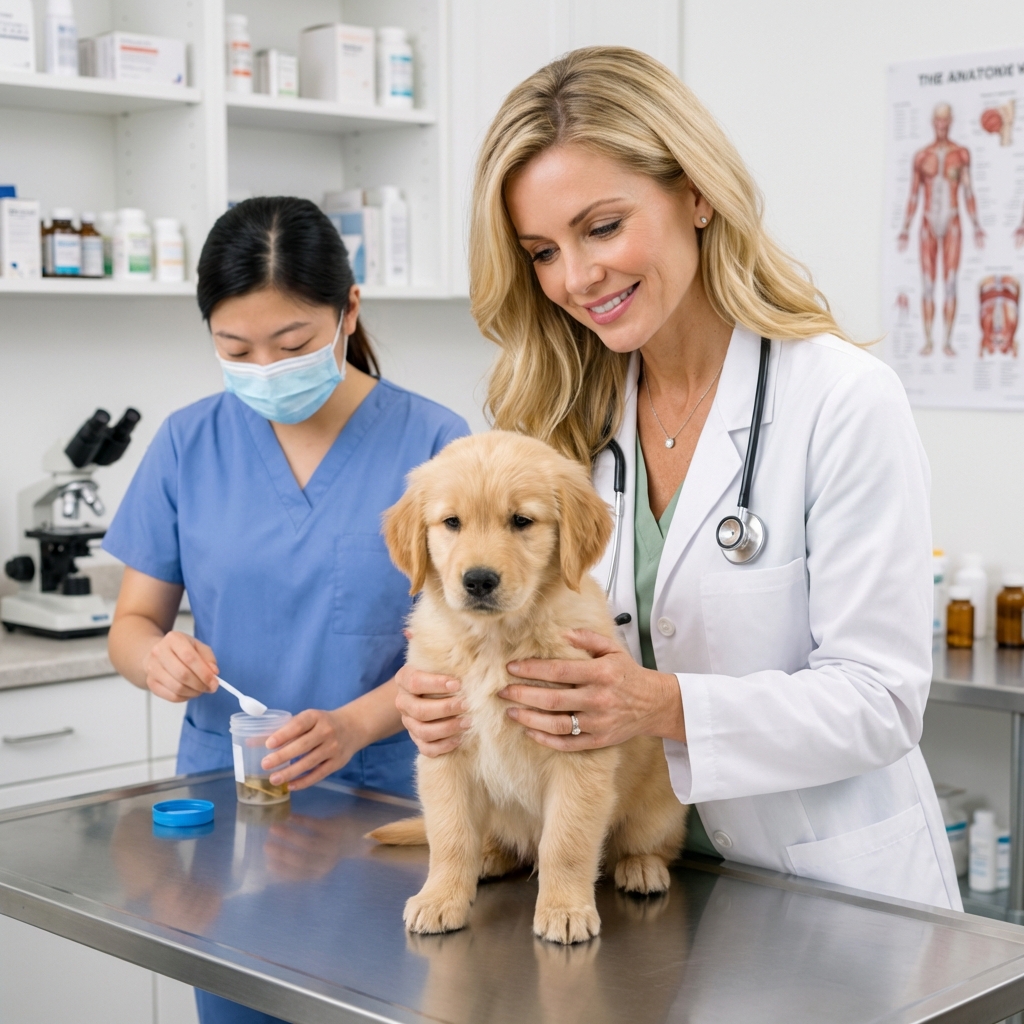 A veterinarian holding a puppy on an exam table while a technician prepares a small stool sample container