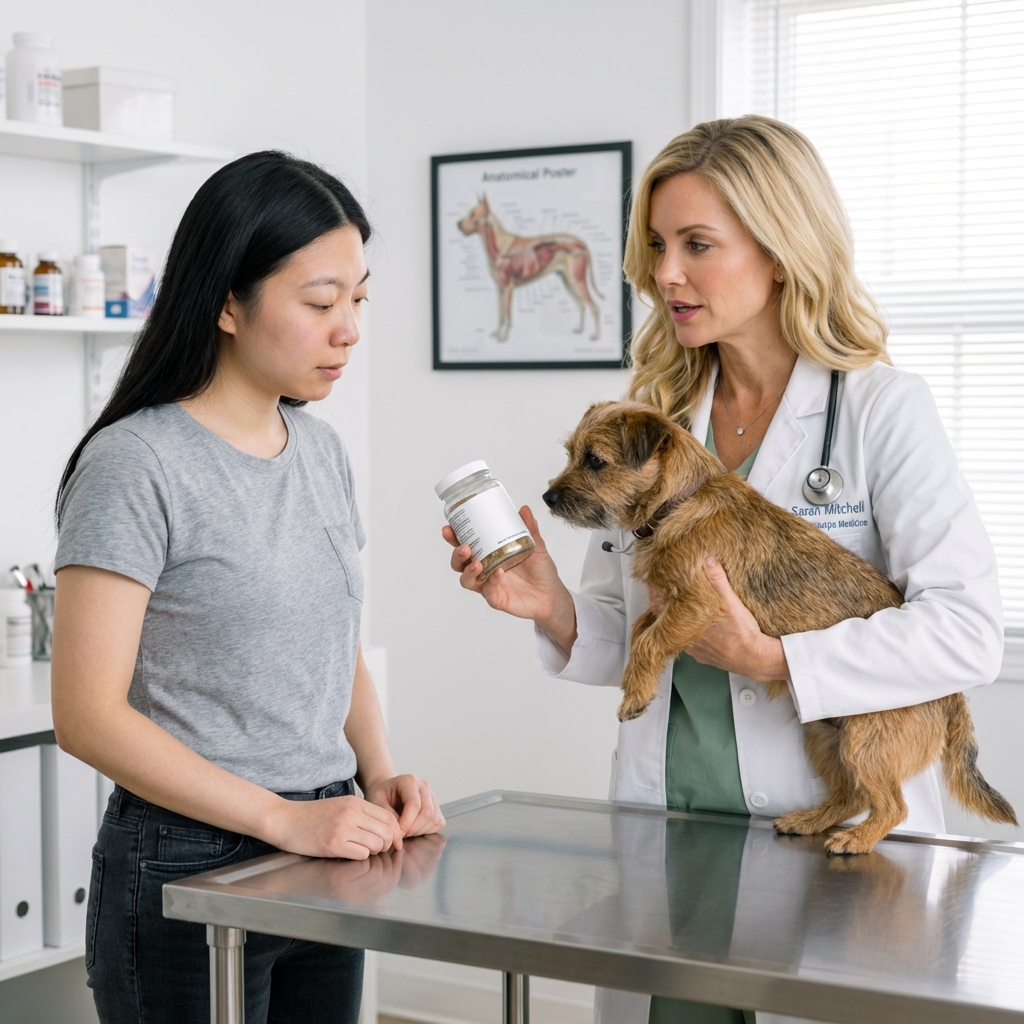 A veterinarian holding a small brown dog while showing a pet parent a supplement jar in a clinic exam room